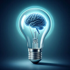 A glowing energy efficient light bulb with a brain as the filament on a dark blue gradient background. The light from brain provides a soft halo effect around the bulb