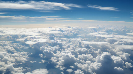 Canvas Print - A photo of the sky taken from an airplane window, with fluffy white clouds in shades of blue and grey against a clear horizon.