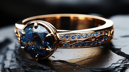  wedding tungesten ring on a stone with dark blue backgroud. The ring should mirror all dark colours 