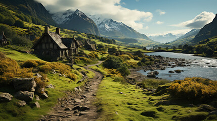 a medieval village on a peninsula with islands leading to land with background mountains, coastal 