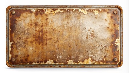 Retro rusty metal sign with worn edges and faded lettering isolated on a pristine white background, evoking nostalgia and forgotten stories.