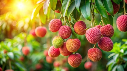 Vibrant ripe lychees hang in clusters from branches on a sunny day, surrounded by lush green leaves, against a soft, blurred orchard backdrop.