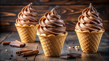 Wall Mural - Vibrant swirl of creamy vanilla and rich chocolate soft serve ice cream bursting with chunky chocolate and crispy wafer rolls in a crunchy waffle cone.