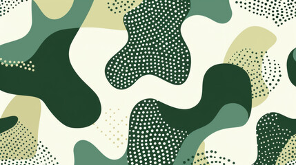 Wall Mural - Abstract camouflage pattern with overlapping shapes and dotted textures in shades of green, beige, and cream.