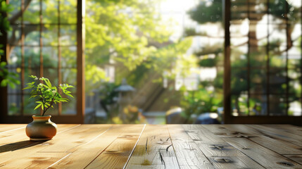 Wall Mural - A serene indoor space with a small potted plant on a wooden table and sunlight streaming through large, leafy windows in the background.