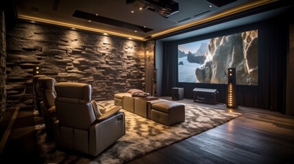 Luxurious and comfortable living room with a large projector screen showing underwater natural images.