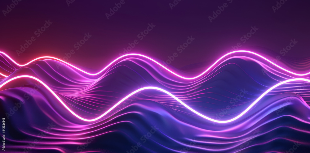 3d render of abstract background with wavy neon lines on purple ...