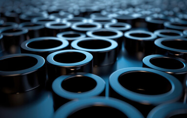 Wall Mural - abstract close-up of shiny black metallic cylinders in varying sizes on a reflective surface, creati