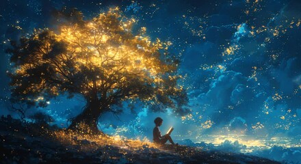 Wall Mural - A magical realism painting of a child reading under a giant tree, surreal