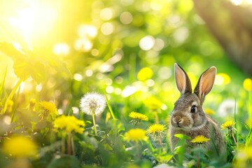 Cute brown rabbit in a green field of dandelions, looking at the camera on a sunny spring day. Easter themed background with open space. Easter bunny concept. 