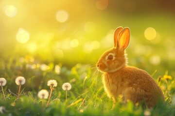 Cute brown rabbit in a green field of dandelions, looking at the camera on a sunny spring day. Easter themed background with open space. Easter bunny concept. 