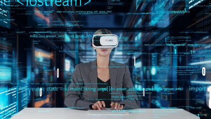 IT developer typing computer code for analyzing intelligent website development coder system data selection by VR innovation interface digital network technology visual hologram server. Contraption.