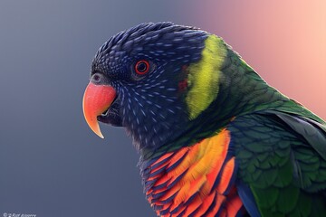 Wall Mural - A close-up portrait photo of a colourful parrot against a colourful yellow background. The bird is the focal point of attention against the vibrant coloured backdrop, creating a visually appealing and