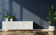 © Muhammad - 3D rendering of a white cabinet with plants on a wooden floor and navy blue wall background in a modern living room interior mock up in a minimal style, empty space for text or product display