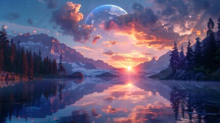 Mystical indigo ring floating above glassy lake with pine-covered hills and sunset clouds