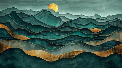 Wall Mural - 3D art wallpaper, dark green with gold waves, dramatic dark blue mountains, stylish and serene