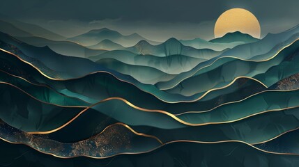 Wall Mural - 3D art wallpaper, dark green with gold waves, dramatic dark blue mountains, stylish and serene