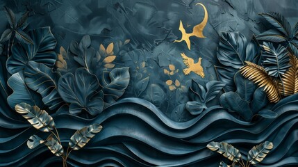 Wall Mural - 3D modern mural, dark blue jungle with elegant golden birds, white gold dinosaur, and luxurious gold waves, ideal for stylish interiors