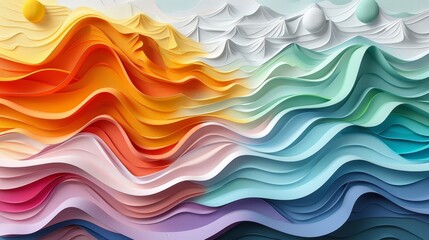 3D mural landscape on canvas, modern abstract interpretation of nature, with vibrant colors and unique shapes