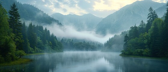 Wall Mural - A misty mountain range with a lake in the foreground. The water is calm and the sky is cloudy