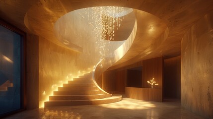 Wall Mural - Grand spiral staircase with crystal pendant lighting in a modern mansion