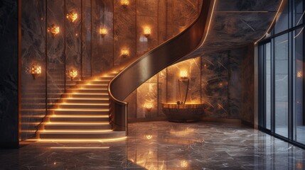 Wall Mural - Luxe art deco inspired stairwell with geometric lighting fixtures
