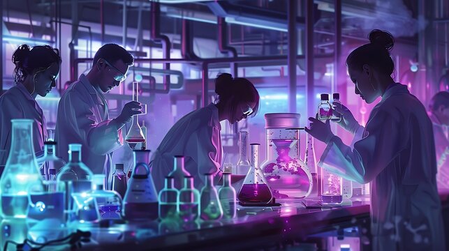 Create an image of scientists in a pharmaceutical lab, synthesizing new compounds.