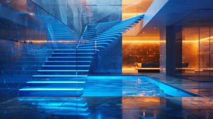 Wall Mural - Modern glass staircase with blue LED lighting, creating a futuristic ambiance