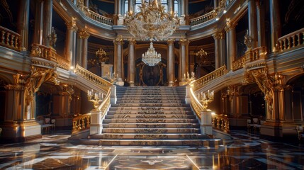 Wall Mural - Royal palace grand entrance with a gilded staircase and chandeliers