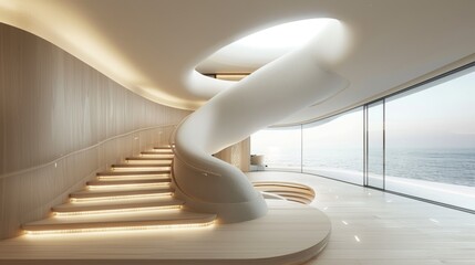 Wall Mural - Serene coastal home staircase with natural wood and soft white lighting