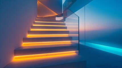 Wall Mural - Sophisticated stairway with under-tread lights and a glass railing in a modern penthouse