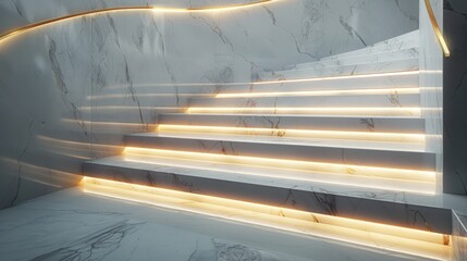 Wall Mural - Sleek white marble staircase with gold-trimmed stairway lights in a designer home