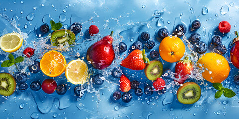 Wall Mural - variety of fruits falling into water, creating a splashing effect The fruits are blueberries, pears, oranges, and limes.