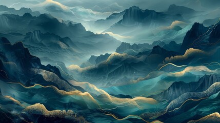 Wall Mural - Dark green 3D mural wallpaper with golden waves, dark blue mountainous background, refined and artistic