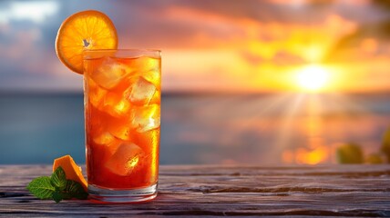 Poster - Refreshing Iced Tea with Orange Slice at Sunset