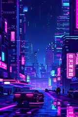 Wall Mural - pixel art of a cyberpunk cityscape at night with neon infused skyline