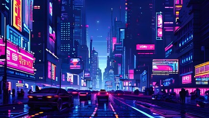 Wall Mural - pixel art of a cyberpunk cityscape at night with neon infused skyline