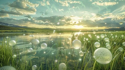 Wall Mural - the marsh is alive with shimmering orbs casting an otherworldly aura over the landscape.