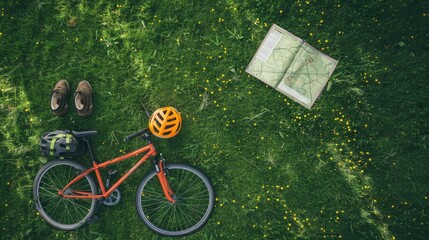 Canvas Print - A bicycle, helmet, and map are scattered in the grass, surrounded by the peaceful sounds of nature. A wheel and tire peek out from beneath the foliage AIG50