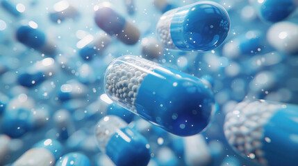 Falling blue capsules on a blue background, depicting antibiotics. This dynamic scene highlights the significance of these essential medications in treating infections