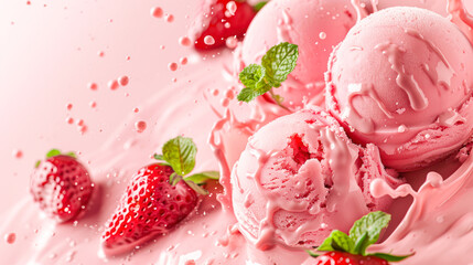 Wall Mural - Homemade pink Organic strawberry Ice Cream balls with fresh berries on soft pink background. Pink gelato. Gelateria menu. Strawberry ice cream recipe. vegetarian ice cream. Healthy dessert. Keto diet