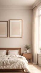 Wall Mural - Mockup white empty frame in light cozy and simple bedroom interior background, 3d render