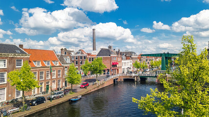 Wall Mural - Aerial drone view of Leiden town from above, typical Dutch city skyline with canals and houses, Holland, Netherlands