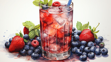 Wall Mural - watercolor 4th of july themed cocktail, white background