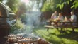 © vanilnilnilla - Defocused Backyard Barbecue with Grilling Action and Room for Text