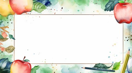 Watercolor illustration of a school frame with back-to-school theme featuring educational elements and supplies

