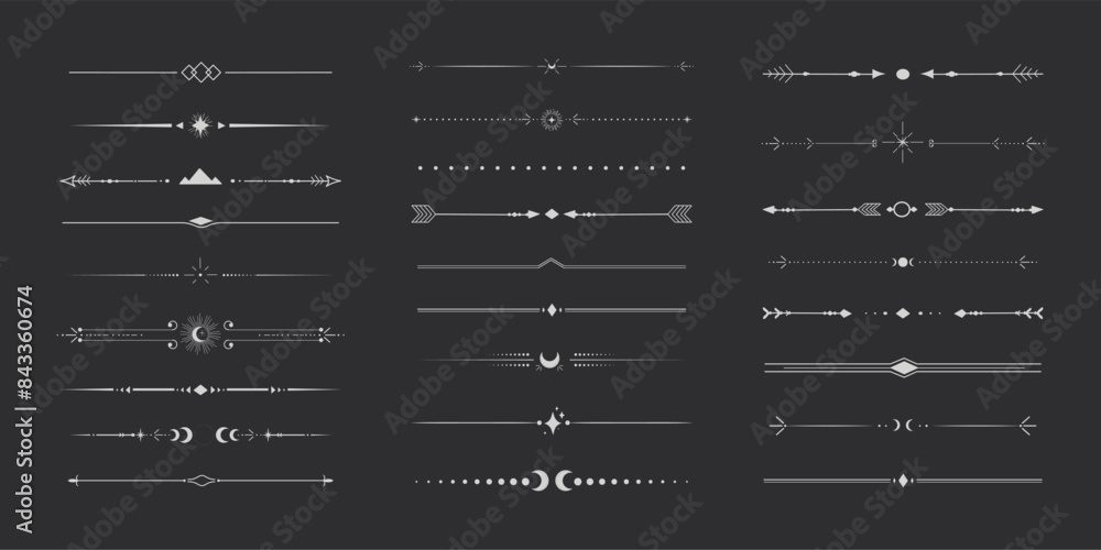 Silver celestial divider thin line border decoration. Collection tribal with moon, stars and arrows mystical separators. Modern ornament minimal set isolated on dark background.