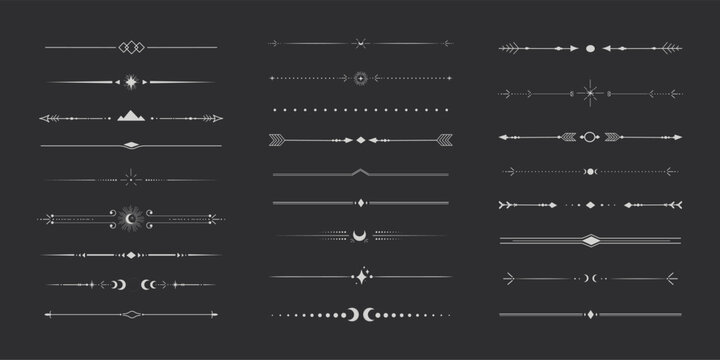 Silver celestial divider thin line border decoration. Collection tribal with moon, stars and arrows mystical separators. Modern ornament minimal set isolated on dark background.