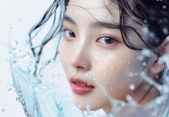 Sticker - A beautiful korean woman with water splashing on her shoulders, with clean and delicate skin texture.