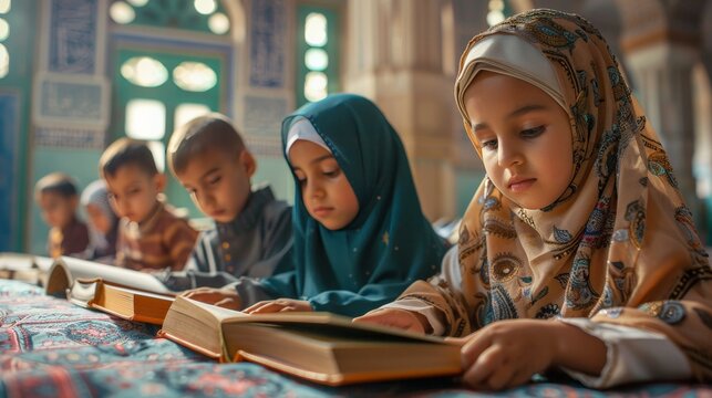 Young children learning to read the Quran during Ramadan, depicting a touching scene of religious education and devotion.